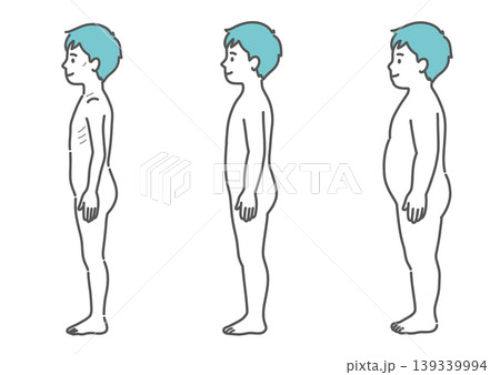 男の子の体型比較イラスト（痩せ型・標準・肥満の3種セット・側面） 139339994