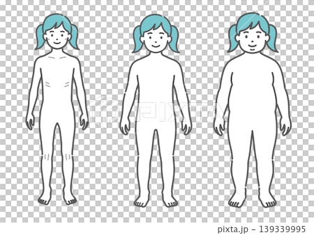 對比女孩體型的插圖（3 種類型：瘦、中等、肥胖 - 正面圖） 139339995
