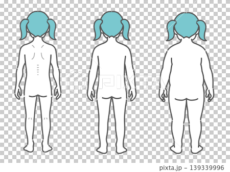 對比女孩體型的插圖（3種類型：瘦、中等、肥胖 - 背面圖） 139339996