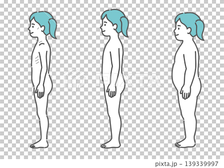 女の子の体型比較イラスト(痩せ型・標準・肥満の3種セット・側面) 女の子の体型比較イラスト(痩せ型・標準・肥満の3種セット・側面) 139339997