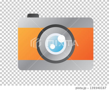Modern digital camera icon with orange body and reflective lens Modern digital camera icon with orange body and reflective lens 139340187