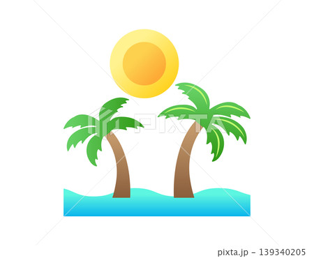Tropical paradise icon with palm trees and bright sun over blue ocean waves Tropical paradise icon with palm trees and bright sun over blue ocean waves 139340205