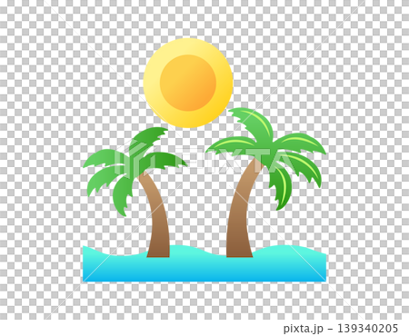 Tropical paradise icon with palm trees and bright sun over blue ocean waves Tropical paradise icon with palm trees and bright sun over blue ocean waves 139340205