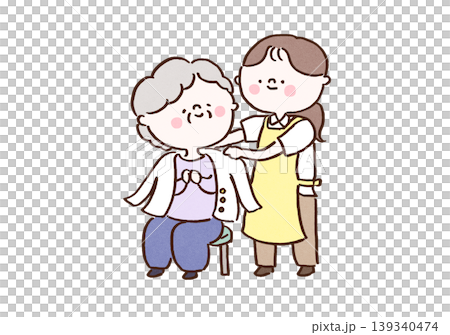 A caregiver gently places a cardigan over an elderly person who is sitting down. A caregiver gently places a cardigan over an elderly person who is sitting down. 139340474