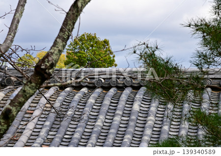 Close-up of the roof of Tenryuji Temple in Kyoto, Japan with trees. Roof tile pattern. Major tourist attraction in Kansai region in Japan. Japan famous historic architecture. Building structure. 139340589