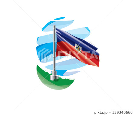 Haitian flag on a green lawn against a background of blue abstract sky 139340660
