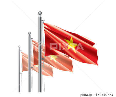 Brightly shining Vietnamese flags wave proudly on tall masts during official celebration events 139340773