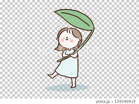A little fairy girl holding a large leaf as an umbrella. A little fairy girl holding a large leaf as an umbrella. 139340914