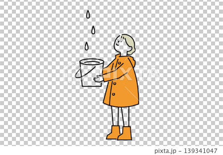 A girl catches water droplets in a bucket. A girl catches water droplets in a bucket. 139341047