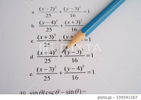 Pencil on mathematic formula exercise test paper in education school. Pencil on mathematic formula exercise test paper in education school. 139341167