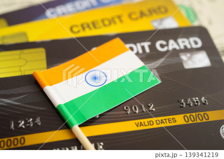 India flag on credit card, finance economy trading shopping online business. India flag on credit card, finance economy trading shopping online business. 139341219