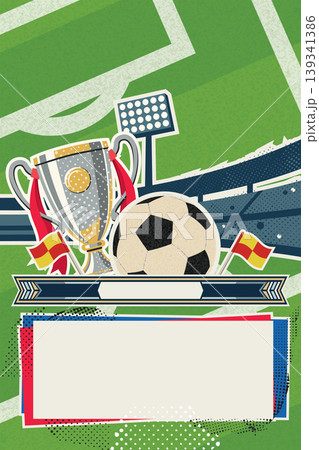 Soccer tournament promotion with soccer field  background vertical template collage style have blank space. 139341386