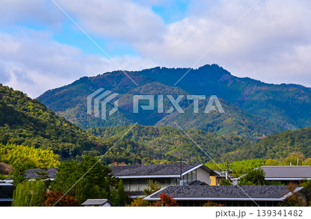 The view of Katsura River at autumn from Togetsukyo Bridge, Kyoto, Japan. A well-known place of scenic beauty in the western hills of Kyoto. Nature and travel concept. 139341482
