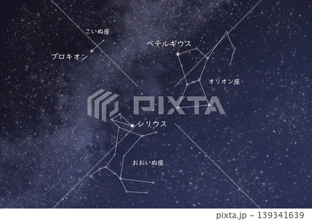 冬の大三角の星座名と恒星名を示したリアルな星空背景 冬の大三角の星座名と恒星名を示したリアルな星空背景 139341639