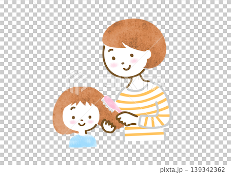 An illustration of a mother combing her daughter's hair. An illustration of a mother combing her daughter's hair. 139342362
