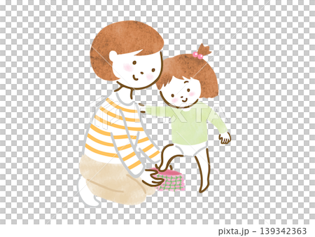 An illustration of a mother putting a skirt on her daughter. An illustration of a mother putting a skirt on her daughter. 139342363