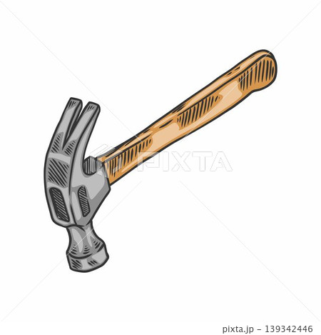 Hand Drawn Claw Hammer Illustration Vintage Style Carpenter Tool 139342446
