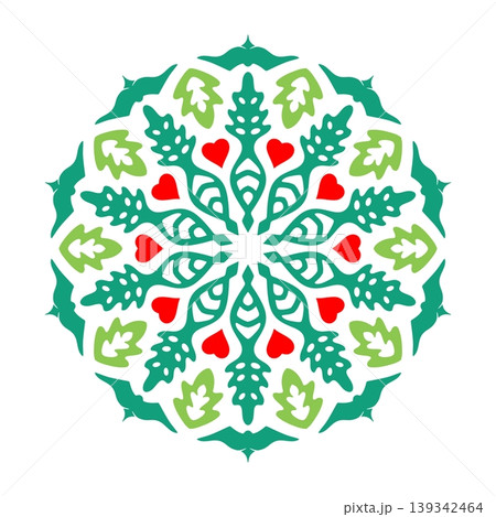 Decorative Green Leaf Radial Pattern with Red Hearts Decorative Green Leaf Radial Pattern with Red Hearts 139342464