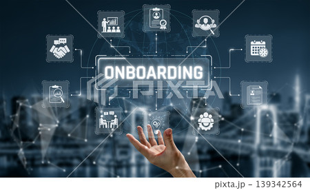 Visual representation of digital onboarding process highlighting key elements like training, communication, and human resources in a modern corporate setting. Sigmoid Visual representation of digital onboarding process highlighting key elements like training, communication, and human resources in a modern corporate setting. Sigmoid 139342564