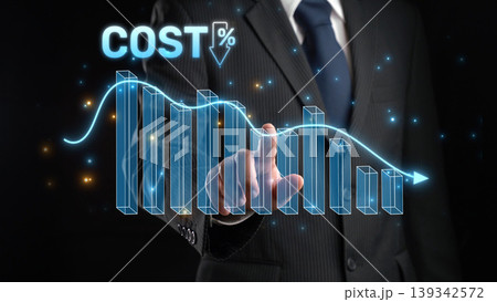 Businessman Presenting Digital Graph with Cost Reduction Concept, Showing Declining Trend in Expenses with Iconic Symbols - Abstract Financial Data Visualization XDMCP Businessman Presenting Digital Graph with Cost Reduction Concept, Showing Declining Trend in Expenses with Iconic Symbols - Abstract Financial Data Visualization XDMCP 139342572