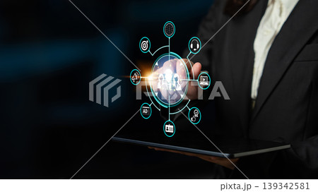 Business Professional Interacting with Futuristic Digital Interface on Tablet Device in Modern Office Setting Fluxor Business Professional Interacting with Futuristic Digital Interface on Tablet Device in Modern Office Setting Fluxor 139342581