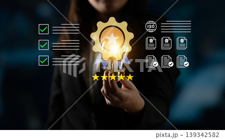 Professional Businessman Holding Award Symbolizing Quality Standards and ISO Certification with Check Marks and Documents in Background Cyphers. Professional Businessman Holding Award Symbolizing Quality Standards and ISO Certification with Check Marks and Documents in Background Cyphers. 139342582
