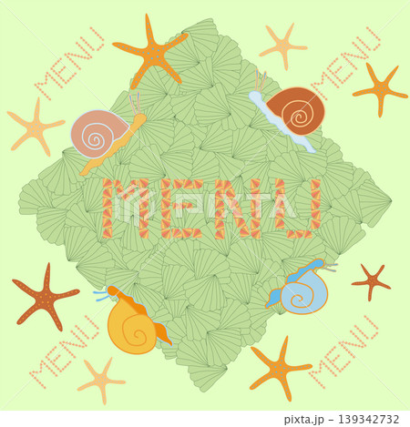 a postcard made of colorful snails, starfish and shells for the design of the children's menu a postcard made of colorful snails, starfish and shells for the design of the children's menu 139342732