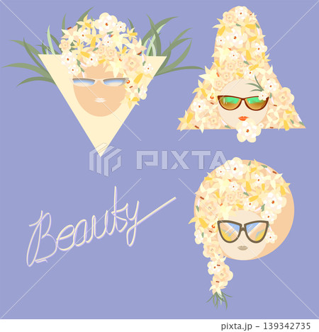 set of women s heads with a hairstyle in flowers 139342735