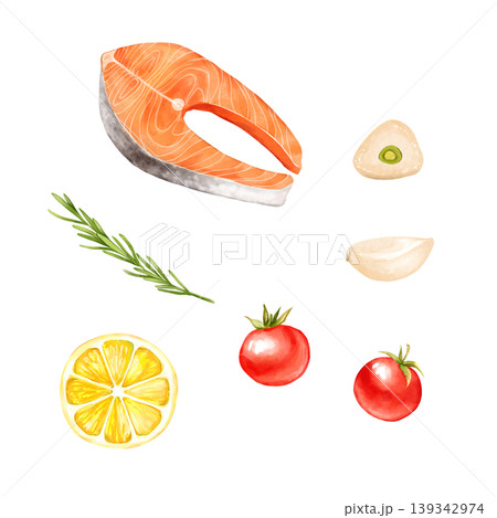 Hand drawn illustration of fresh salmon steak, tomatoes, lemon slice, garlic, and rosemary sprig Hand drawn illustration of fresh salmon steak, tomatoes, lemon slice, garlic, and rosemary sprig 139342974