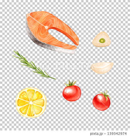 Hand drawn illustration of fresh salmon steak, tomatoes, lemon slice, garlic, and rosemary sprig Hand drawn illustration of fresh salmon steak, tomatoes, lemon slice, garlic, and rosemary sprig 139342974