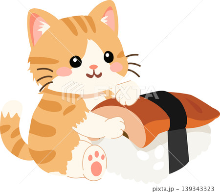Kawaii kitten hugging unagi nigiri sushi cute food cartoon art. Cute orange cat with eel sushi 139343323