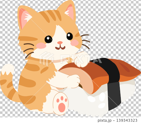 Kawaii kitten hugging unagi nigiri sushi cute food cartoon art. Cute orange cat with eel sushi 139343323