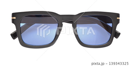 Black frame sunglasses displaying blue reflective lenses Black frame sunglasses displaying blue reflective lenses 139343325