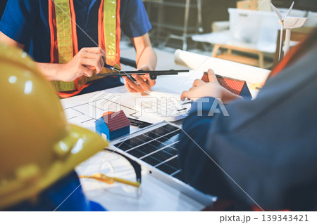 Concept Architect and desk of Architectural project in construction site or office building with mining light 139343421