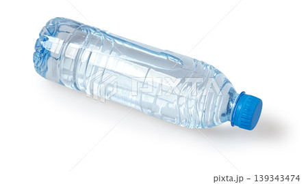 Plastic water bottle with blue cap providing refreshment Plastic water bottle with blue cap providing refreshment 139343474