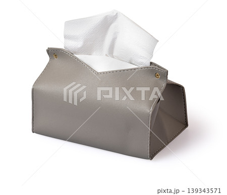 Grey leather tissue holder box with white paper 139343571