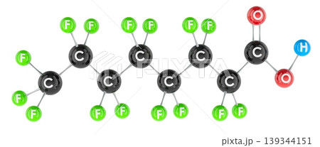 PFOA molecule model, perfluorooctanoic acid. 3d rendering PFOA molecule model, perfluorooctanoic acid. 3d rendering 139344151
