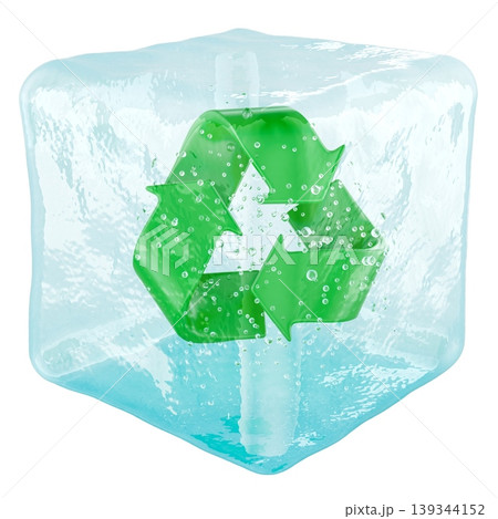 Recycle symbol frozen in ice cube. 3d rendering Recycle symbol frozen in ice cube. 3d rendering 139344152