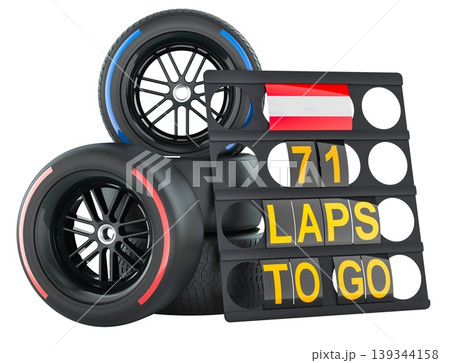 Austrian racing, pit board with flag of Austria and racing wheels. 3D rendering 139344158