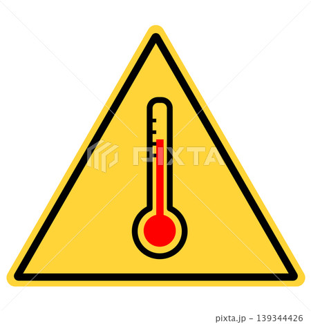 High temperature warning sign. Thermometer and danger symbol. flat style. 139344426