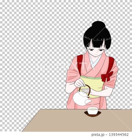 身著和服的女子正在倒茶，腰間繫著腰帶；正面，半身像；日式風格。 139344562