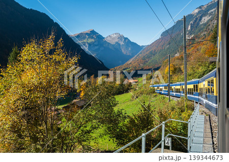 秋のアルプスの谷間を走るスイスの列車の旅。ベルン州、スイス 139344673