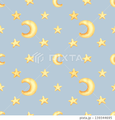 Star and moon pattern. Seamless pattern with Gold watercolor stars and half moon. Watercolor illustration of stars for kids goods, kids wallpaper, wrapping paper. Children's wallpaper with a night sky 139344695