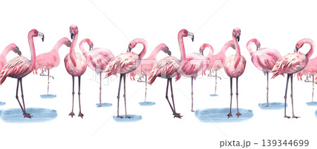 Seamless banner with pink flamingos. Seamless border of watercolor illustration of pink tropical birds. Horizontal pattern of flamingo. Birds in the jungle. Template for invitation, card, cosmetic 139344699