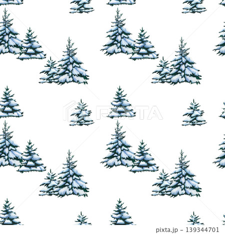 Seamless pattern of fir trees. Watercolor illustration of Christmas tree. Winter forest background. Wallpaper of snowy fir trees. Snowy landscape with trees. Watercolor pattern of evergreen Spruces. 139344701