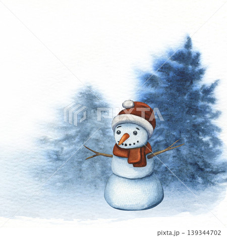 Snowman near a Christmas tree. Watercolor illustration of a cute snowman wearing a red knitted hat and scarf in a winter forest. Illustration of a winter character for New Year's holiday design, card 139344702
