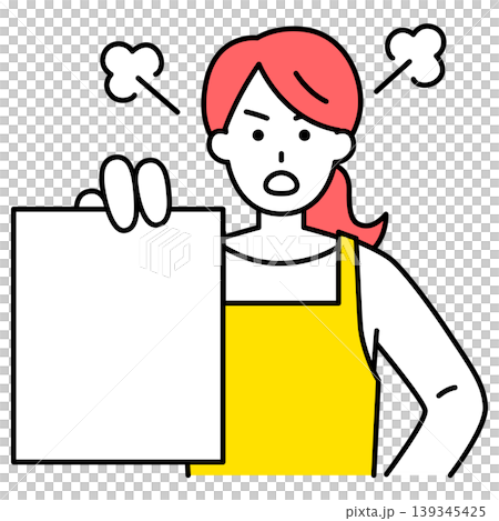 書類を見せて怒るエプロン姿の女性 139345425