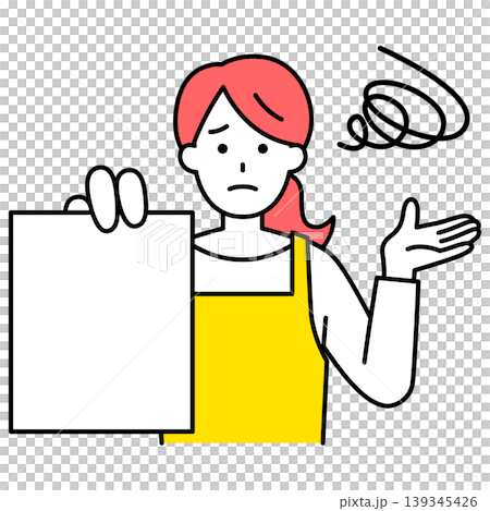 書類を見せて困っているエプロン姿の女性 書類を見せて困っているエプロン姿の女性 139345426