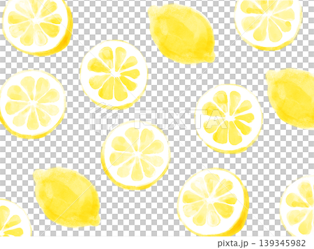 Watercolor lemon background illustration material with a layout of sliced and whole lemons scattered around. Transparent background. Watercolor lemon background illustration material with a layout of sliced and whole lemons scattered around. Transparent background. 139345982