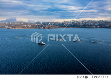 Salmon fish farm in cold fjord seascape. Aerial view of salmon aquaculture cages and service boat in northern fjord waters. 139346153